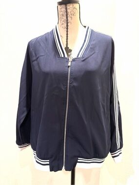 Liverpool XL Navy Bomber Jacket with Ribbed Knit Striped Trim